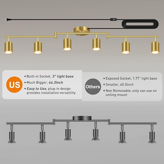 Plug in Track Lighting, LED Track Lighting Fixtures Ceiling, Gold 6-Light Kitchen Light Kit, Plug in Wall Light with 14.8ft Power Cord, Rotatable Ceiling Spotlight for Bedroom(GU10 Socket, NO Bulb)