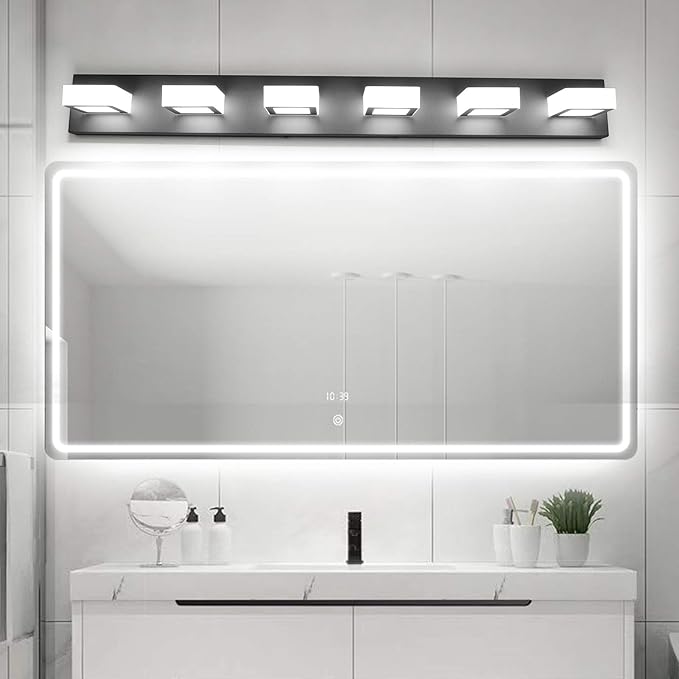 Ralbay Modern Black Vanity Lights Fixtures 6 Lights Acrylic Modern LED Matte Black Vanity Lights for Bathroom