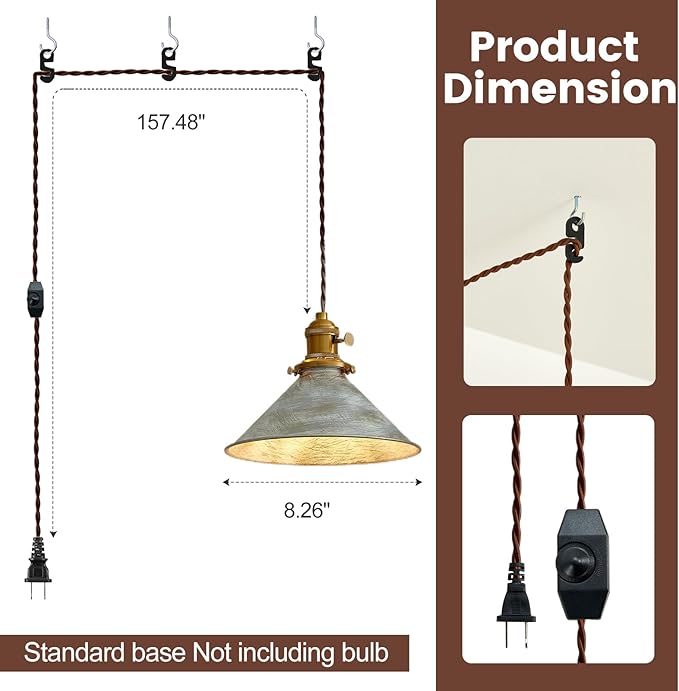 Plug in Pendant Light, 8.2 Inch Silver Pendant Light Fixtures On/Off Switch, Adjustable 14Ft Light Cord Hanging Pendant Light for Kitchen Bedroom Restaurant 2 Pack