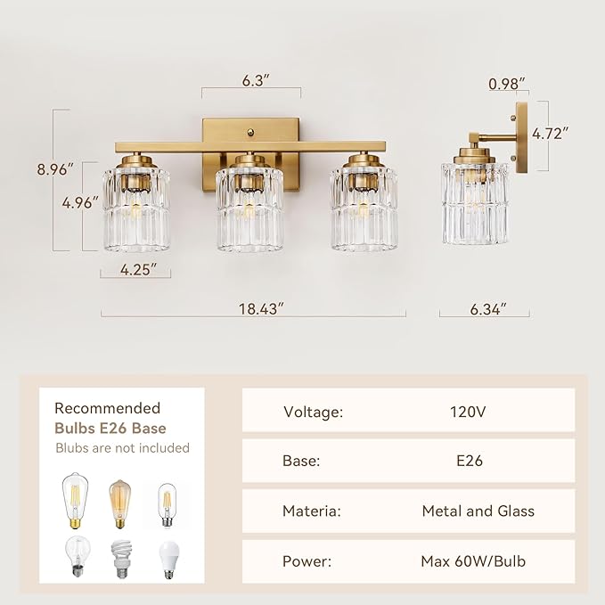 TALOYA 19 Inch Bathroom Light Fixtures,Modern 3-Light Brushed Gold Vanity Lights with Wide Vertical Ribbed Thickened Glass Shade Wall Sconces for Mirror Makeup Room Hallway（Bulbs Not Included）