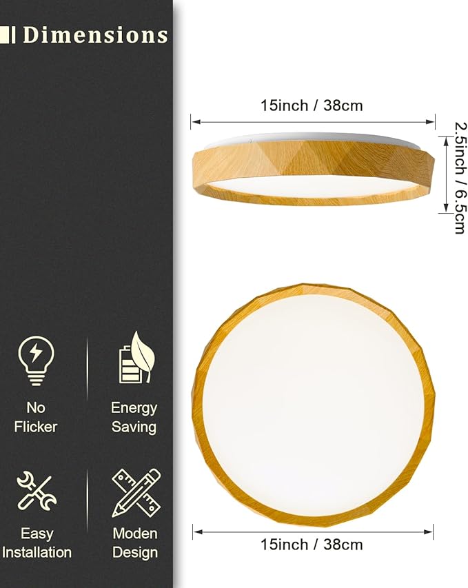 ANYLOVE 15 inch LED Flush Mount Ceiling Light Fixture,3000K 4000K 5000K Adjustable Ceiling Lights, Farmhouse Oak Wood Grain Ceiling Light for Bedroom Hallway Bathroom Kitchen