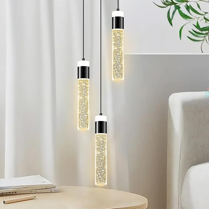 3-Light Pendant Lights Kitchen Island Black Crystal Column Chandelier Modern Dimmable LED Pendant Light for Dinning Room Living Room