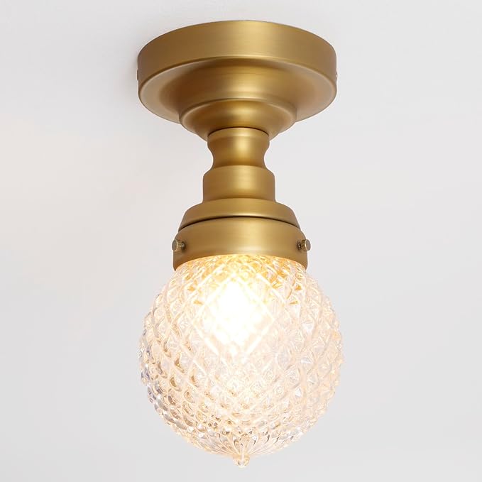 Schoolhouse Semi Flush Mount Ceiling Light, Brass Gold Close to Ceiling Light Fixtures with Hand-Blown Glass Shade Modern Hallway Ceiling Lamp for Laundry Entryway Kitchen Bathroom E26