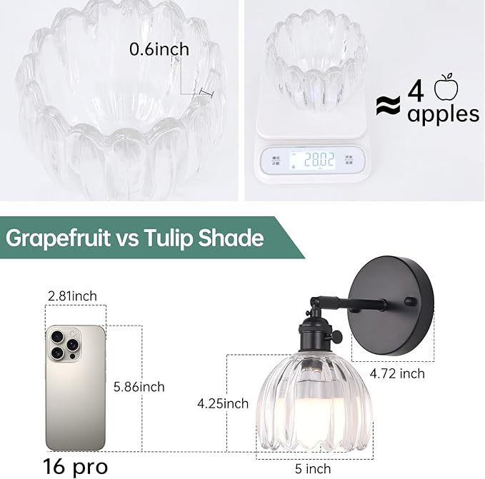 Shenmoyl Vintage Battery Operated Wall Sconce with Transparent Tulip Glass Lampshade Rechargeable Battery Powered Black Wall Light with Remote Control for Bedside Bedroom Doorway, Set of 2