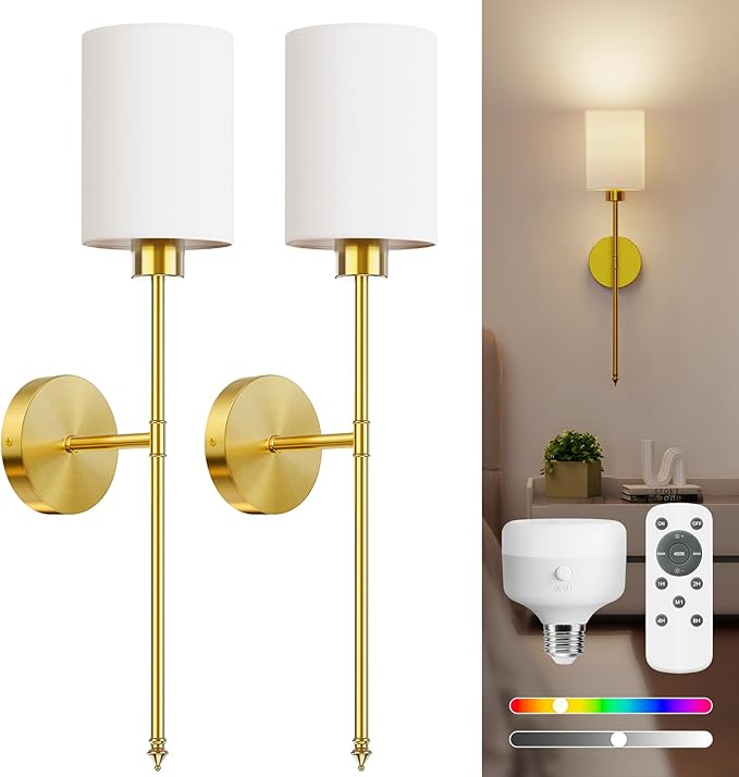 NIORSUN 24 inch Battery Operated Wall Sconce Set of 2, Gold Wireless Rechargeable Wall Lights with 5200mAh Dimmable Detachable Bulbs and Remote, 9 Colors Sconces Wall Decor for Bedroom Living Room