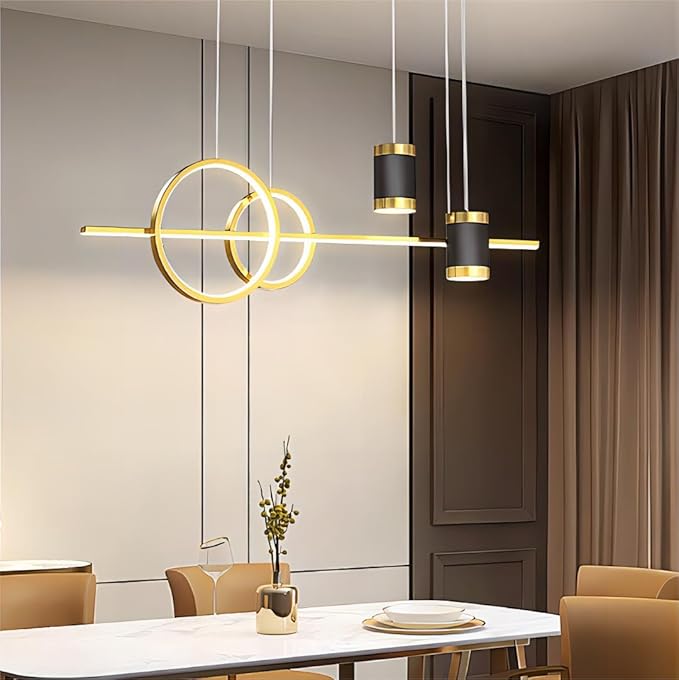 5 Lights LED Island Light, 39.4 Inch Creative Island Light with Remote Control & Infinitely Dimmable Hanging Light, Geometric Linear Pendant Light for Dining Room, Gold