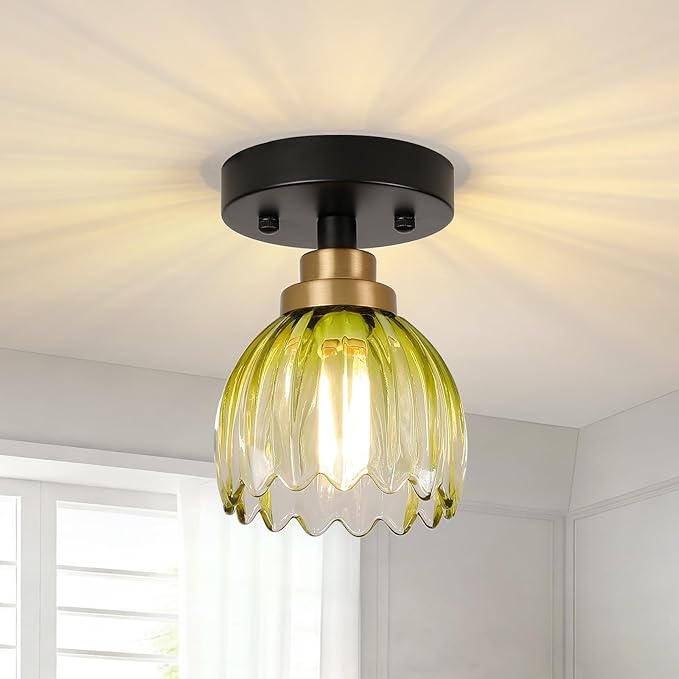 TALOYA Semi Flush Mount Ceiling Light, Close to Ceiling Light Fixtures with Green Tulip Glass Shades Modern Farmhouse Lighting Fixtures for Hallway Corridor Kitchen Bathroom Bedroom Passway