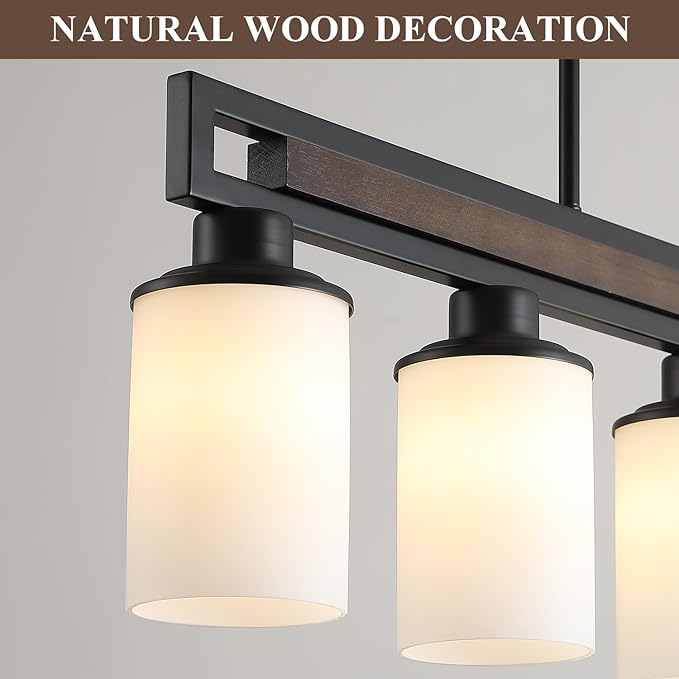 Farmhouse Dining Room Light Fixture, 5-Light Wood Kitchen Island Lighting for Dining Room Over Table, Black Adjustable Pendant Light with Milk Glass Shades, Linear Chandeliers Lighting for Kitchen