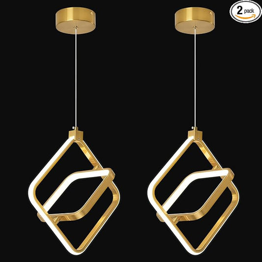 Modern LED Chandelier Gold Rectangular Pendant Light Fixtures 4000K 20W Dimmable Height Adjustable Pendant Lighting for Dining Room Kitchen Island Bedroom Living Room Foyer（2-Pack）