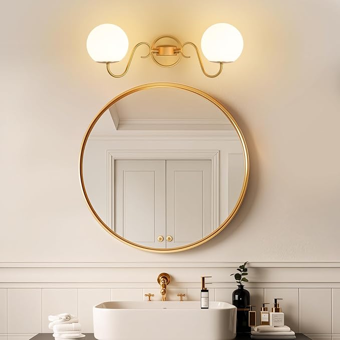 2 Lights Bathroom Vanity Light Fixtures Over Mirror, Brushed Gold Vintage Vanity Lights For Bathroom With Milk White Glass Globe Shade, Wall Lights For Bedroom, Hallway, Dressing Table,Includ G9 Bulbs