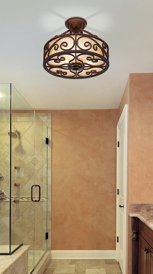 John Timberland Natural Mica Collection Rustic Ceiling Light Semi-Flush Mount Fixture Deep Walnut Scroll 15" Wide Drum Shade for House Bedroom Hallway Living Room Bathroom Dining Kitchen