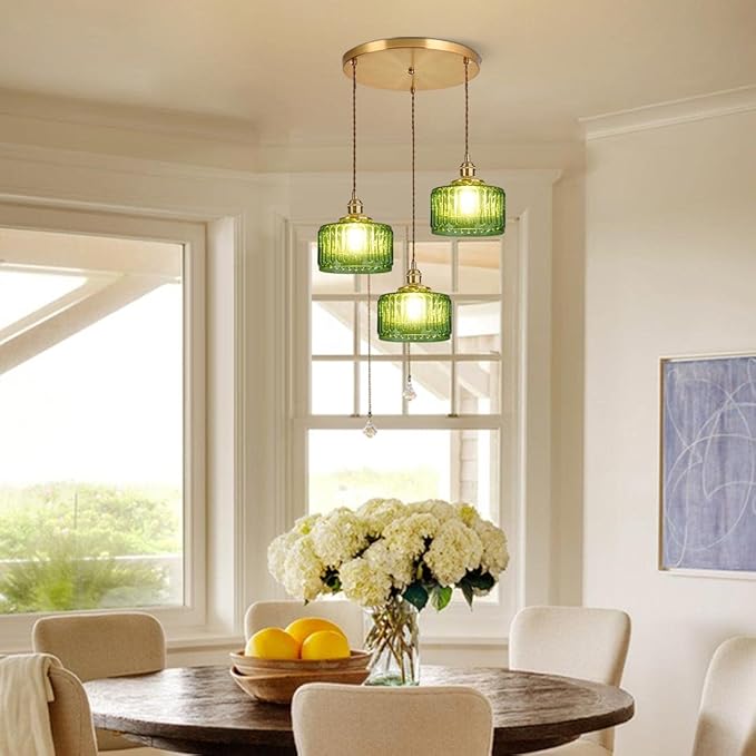 3-Light Modern Chandelier Pendant Light - Mid Century Sputnik Glass Globe With Green Striped Shade, Gold Adjustable Ceiling Lamp for Dining Room