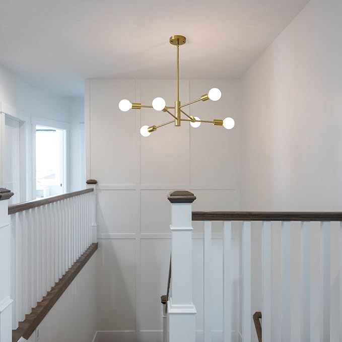 HHR Modern Chandelier Ceiling Light Fixture, 6-Light Brushed Gold Sputnik Chandelier for Kitchen Island Bedroom Living Room, 26-Inch Mid Century Dining Room Light Fixture Over Table, E26