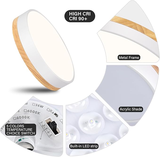 Modern LED Ceiling Light, Dimmable Wood Flush Mount Ceiling Lighting Fixture, 5CCT Round Wood Close to Ceiling Lamp for Kitchen Hallway Bathroom Office Laundry Room Entryway Nursery(White& 11.81 in)