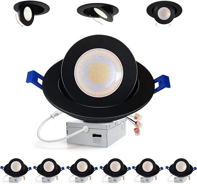 Adetu 5CCT Gimbal Black Led Recessed Lighting 6 inch, 360°+90° Adjustable Directional 6 inch Led Recessed Light, 2700K-5000K Dimmable Eyeball Canless Downlight with Jbox, ET (Black, 6 Pack)