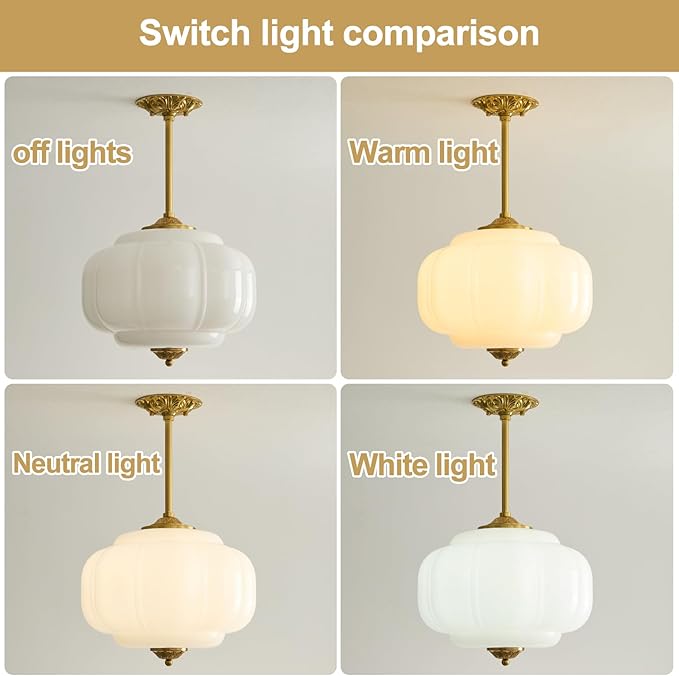 15In Milk Glass Pendant Light Adjustable Height Semi Flush Mount Pendant Light Fixture Mid Century Vintage Ceiling Light for Kitchen Dining Room Bedroom Hallway and Schoolhouse(White)