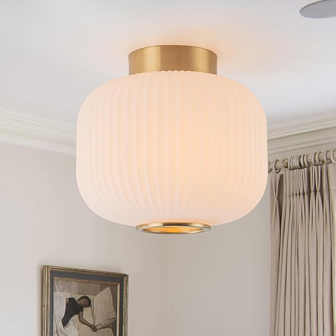 EDISLIVE Mid Century Modern Ceiling Light 9.8" Frosted Milk Glass Flush Mount Ceiling Lighting Brass Gold Ribbed Glass Light Fixture E26 Minimalist Small Ceiling Light for Hallyway Foyer Bedroom