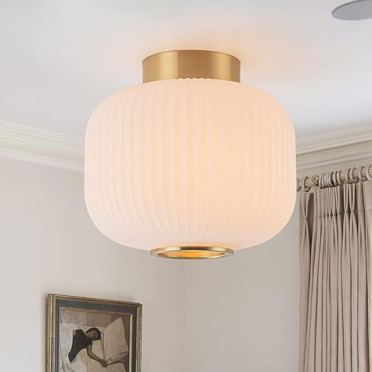 EDISLIVE Mid Century Modern Ceiling Light 9.8" Frosted Milk Glass Flush Mount Ceiling Lighting Brass Gold Ribbed Glass Light Fixture E26 Minimalist Small Ceiling Light for Hallyway Foyer Bedroom