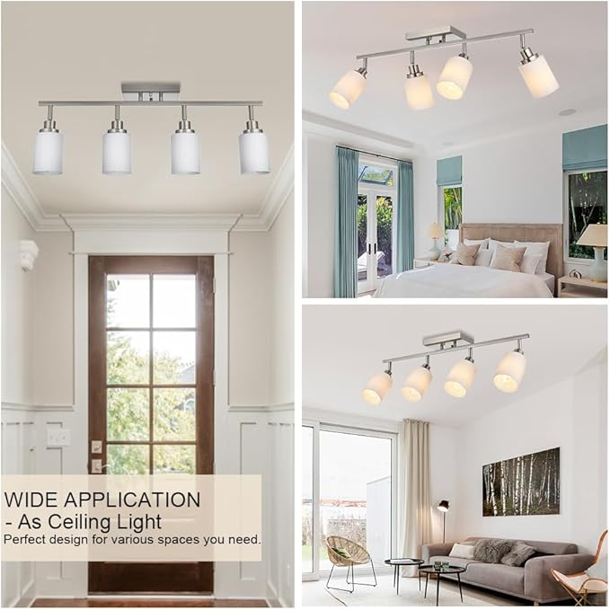 TODOLUZ 4-Light Track Lighting, Brushed Nickel Ceiling Spot Lighting for Kitchen Bedroom Hallway, Bathroon Vanity Track Light Fixtures with Opal White Glass