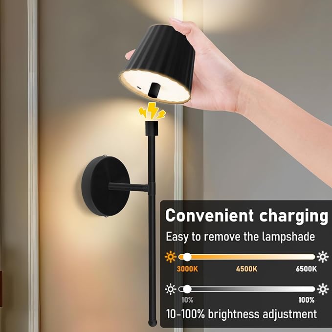 Battery Operated Wall Sconce Set of Two, Rechargeable Wireless Sconces with Dimmable Detachable Magnetic Bulbs and Remote, 3 Colors Wall Lights for Bedroom Living Room Hallway Fireplace