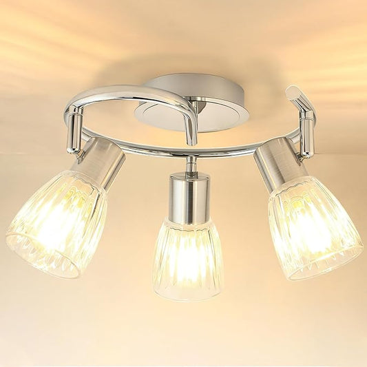 HiBay 3-Light Ceiling Light Fixture, Directional Modern Chrome Track Lighting w/Glass Shades, Flush Mount Ceiling Spotlight Indoor for Kitchen, Bedroom, Living Room, E12 Base, No Bulbs