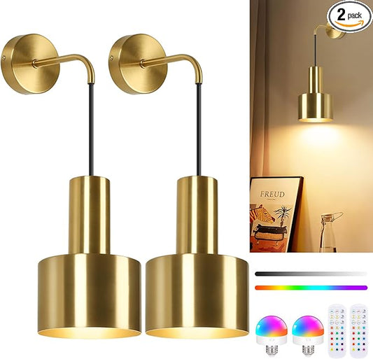 VerRon Rechargeable Battery Operated Wall Sconce Set of Two, Gold Wireless Battery Powered Lights with Dimmable Detachable Bulbs & Remote, Modern Sconces Wall Decor for Bedroom Living Room Hallway