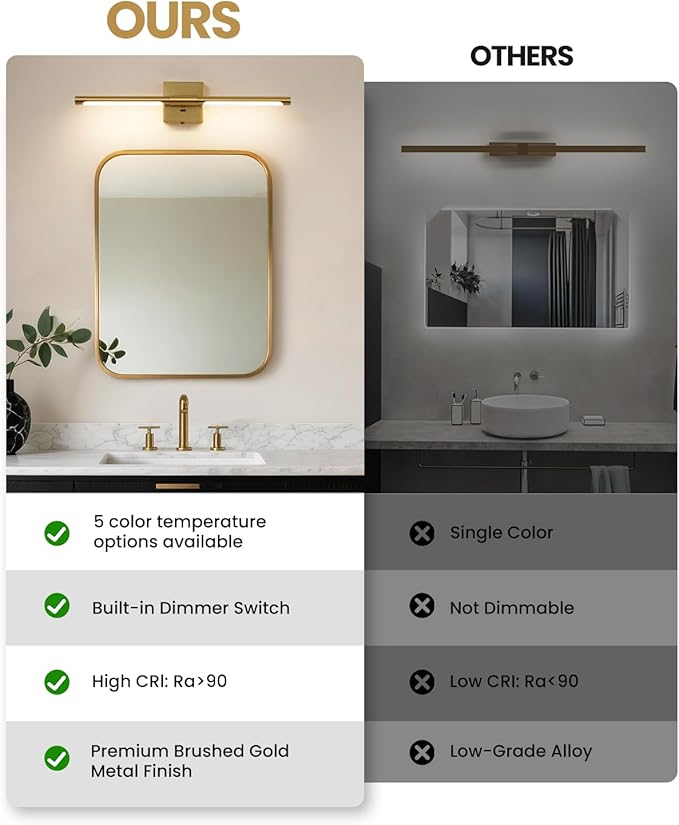 Gold Vanity Light Fixtures for Bathroom Over Mirror 24 inch LED Bath Sconces IP44 5CCT Adjustable Morden Picture Lights for Paintings (Built-in Dimmer)