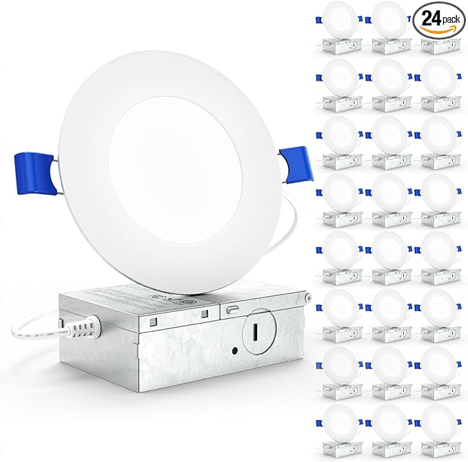 Sunco 24 Pack 4 Inch Ultra Thin LED Recessed Ceiling Lights Slim, 5000K Daylight, Dimmable 10W=60W, 650 LM, Damp Rated, Canless Wafer Thin with Junction Box - ETL & Energy Star.