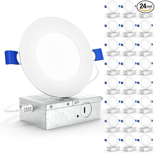 Sunco 24 Pack 4 Inch Ultra Thin LED Recessed Ceiling Lights Slim, 5000K Daylight, Dimmable 10W=60W, 650 LM, Damp Rated, Canless Wafer Thin with Junction Box - ETL & Energy Star.