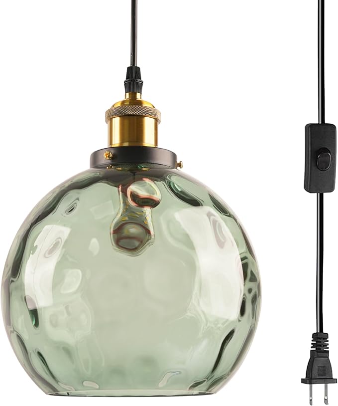 Green Plug in Glass Pendant Light Mid Century Modern Pendant Light Chandelier Ceiling Light Fixtures with Globe Shade, Plug in Hanging Light for Bedroom Living Room Dining Room