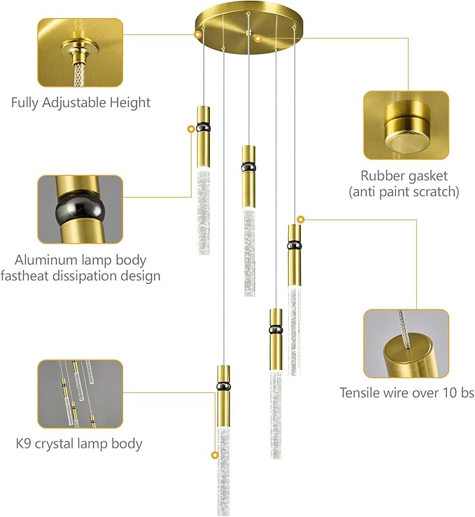 Pendant Lights Kitchen Island Light Fixtures Dimmable LED Modern Pendant Light with Bubble Crystal Pendant Lighting for Kitchen Bedroom Hallway Entryway (Gold 5-Light)