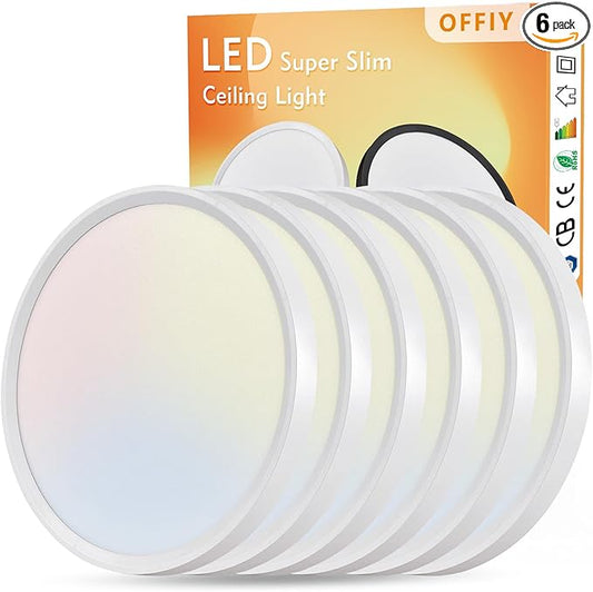 6PK 12 Inch LED Flush Mount Ceiling Light, 24W, 2520LM, 3000K/4000K/6000K CCT Selectable Super Slim LED Ceiling Light, Close to Ceiling Round Flat Panel Light for Hallway, Bedroom,Kitchen ect