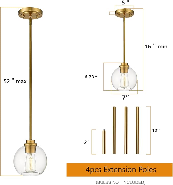 Gold Pendant Light – 7 Inch Clear Glass Farmhouse Hanging Fixture, Adjustable Height & Sloped Ceiling Compatible for Kitchen Island Dining Room Entryway Bedroom Hallway, 1 Pack
