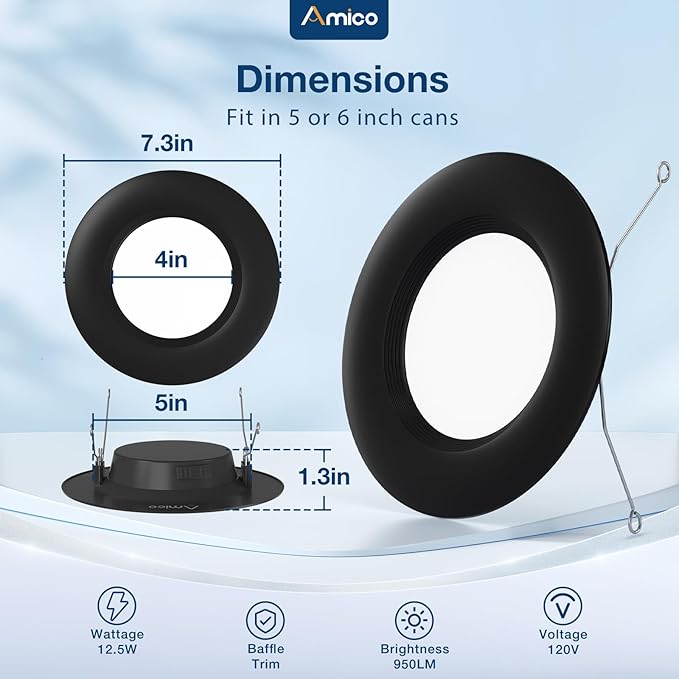 Amico 24 Pack 5/6 inch 5CCT LED Recessed Lighting, Dimmable, 12.5W=100W, 950LM, 2700K/3000K/4000K/5000K/6000K Selectable, Retrofit Can Lights with Baffle Trim, IC Rated - ETL & FCC, Black