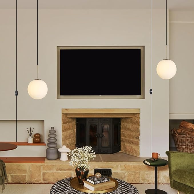10” Plug in Globe Pendant Light Mid Century Modern Milk White Glass Globe Chandelier with 14.75ft Plug and Dimmable Switch for Bedroom Dining Room Kitchen Island, Brass