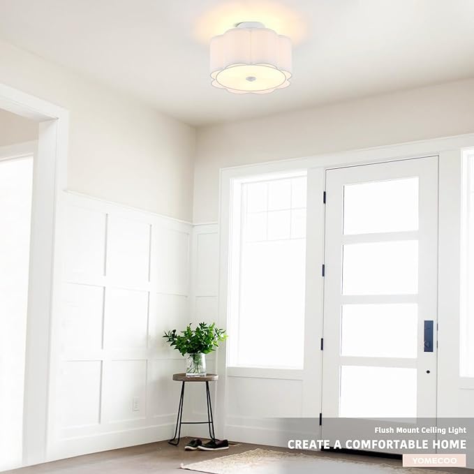 Drum Semi Flush Mount Ceiling Light, White Linen Fabric Shade Ceiling Light, Modern Farmhouse Close to Ceiling Light for Bedroom, Hallway, Living Room, Dining Room, Laundry Room
