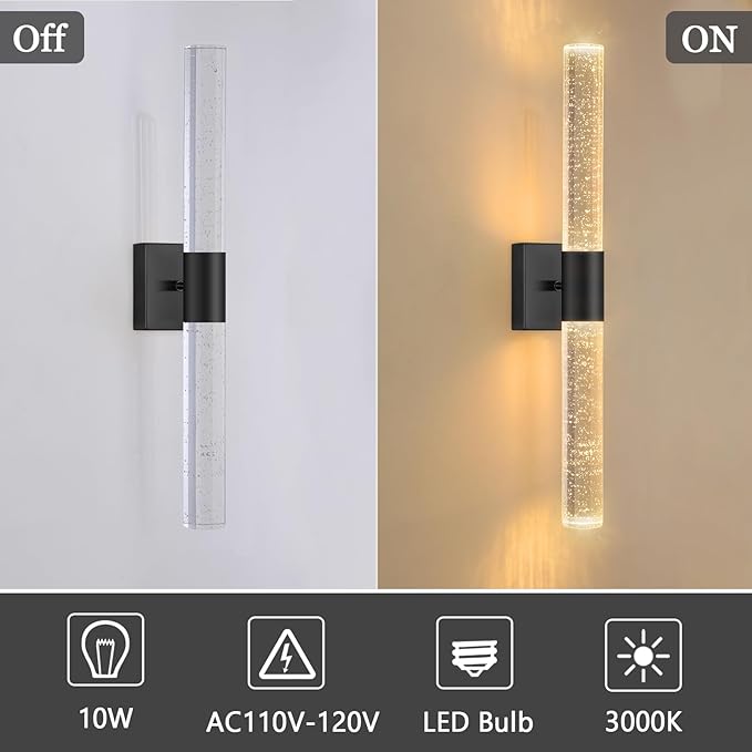 Black LED Wall Sconces Set of 2 with LED Warm Light Interior Glam Crystal Wall Light, Hardwired