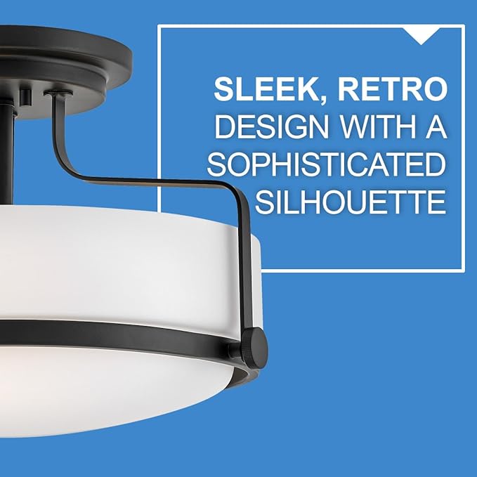 Hinkley Harper 3641BK Medium Semi-Flush Mount Ceiling Light, Sleek, Retro Style, Black and Etched Opal Glass