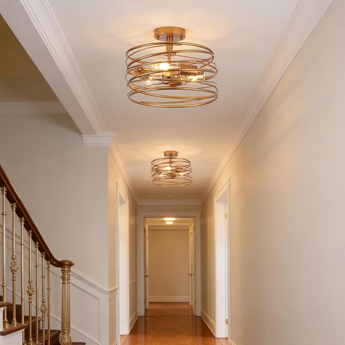 Vintage Gold 3-Light Rustic Drum Semi Flush Ceiling Light Fixture, Retro Farmhouse Chandeliers Metal Cage for Dining Room, Industrial Pendant Light Fixture for Entryway Kitchen Foyer Bedroom