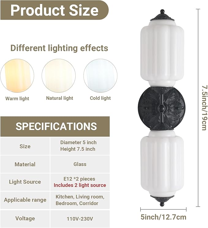 LOUSACE Vintage Milk White Glass Bathroom Vanity Light - 2-Light Wall Sconce with Aluminum Base & White Glass Shade - Wall Sconce Lighting for Bathroom Mirror Living Room Gallery (Bulbs Included)