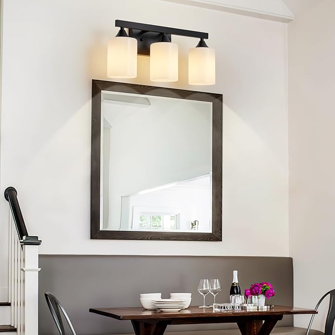 ZHU YAN Black Bathroom Vanity Lights,3-Light Bathroom Light Fixtures Over Mirror with White Frosted Glass Shades,Wall Lamp Vanity Lights for Mirror Living Room Bedroom E26 Socket