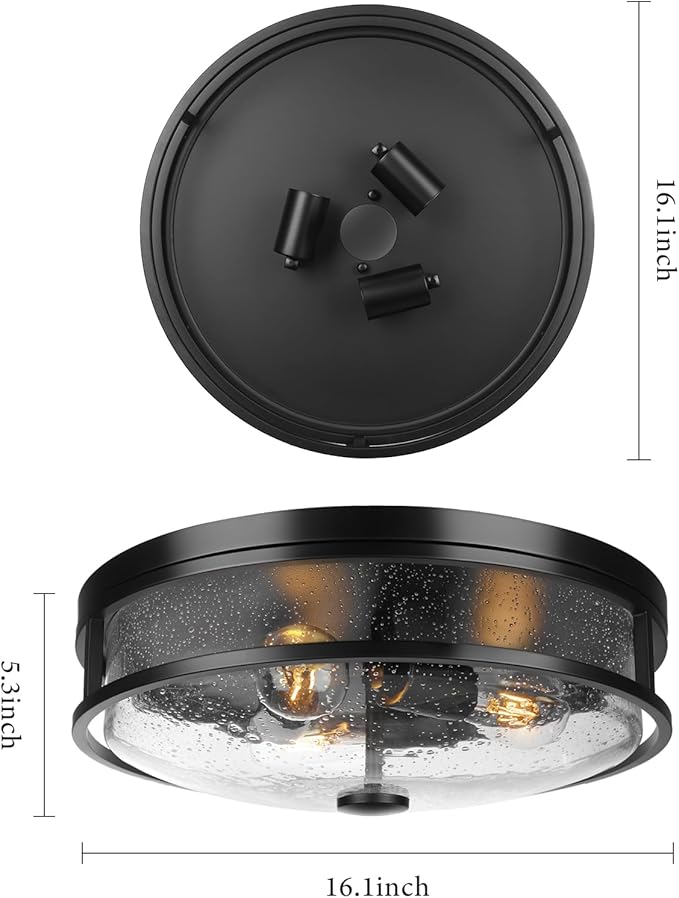 16 Inch Large Flush Mount Ceiling Light Fixture with Seeded Glass, Black Round Ceiling Lamp Shade, Modern Farmhouse Indoor Outdoor Ceiling Lighting for Kitchen Dining Living Room Foyer