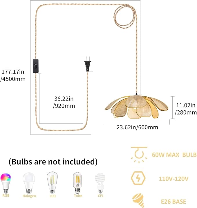 Plug in Pendant Light Boho Hanging Light Wicker Light Fixture Hand-Woven Rattan Pendant Lamp Boho Lamp for Hallway Entryway Kitchen Island Dining Room Bedroom