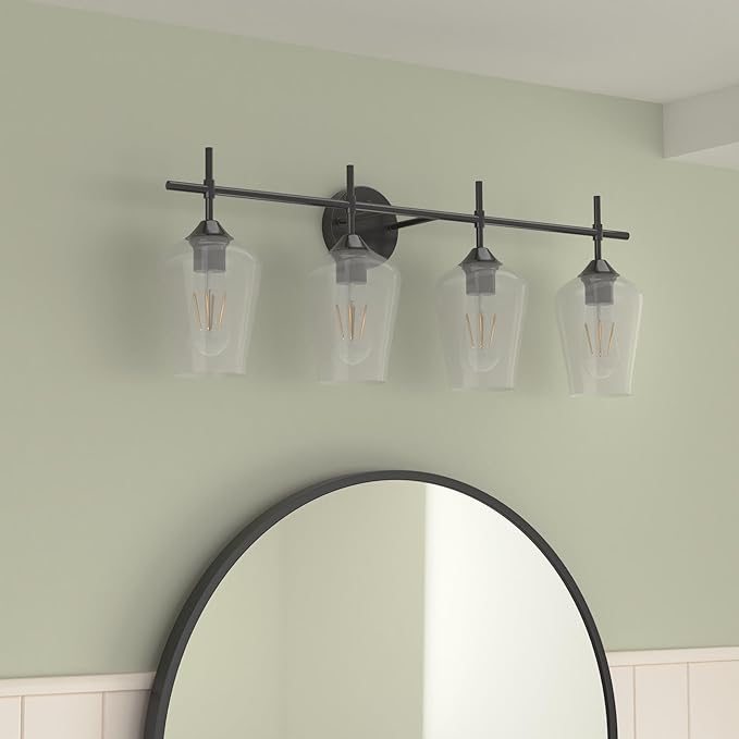 Ralbay Vintage Bathroom Vanity Lighting Fixtures 4-Lights Industrial Matte Black Finish with Clear Glass Vanity Lights Farmhouse Bathroom Vanity Lights Wall Sconce