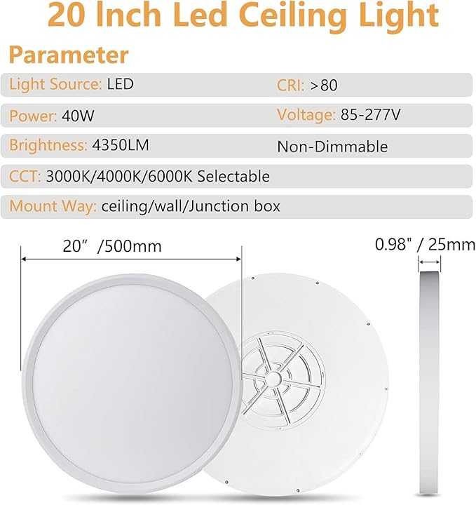 20 Inch Large LED Flush Mount Ceiling Light, 40W, 4350LM, 3000K/4000K/6000K CCT Selectable Super Slim LED Ceiling Light, Close to Ceiling Round Flat Panel Light for Living Room,Kitchen ect，2PK