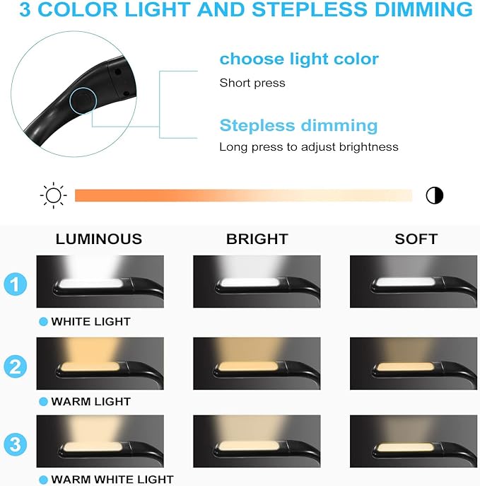 LED Neck Reading Light,Book Lights For Reading In Bed,Adjustable Brightness Desk Lamp,3 Color,with Bendable Arms,Suitable for Repairing,Night Running,Walking,Knitting,Camping,perfect gifts(1PCS)