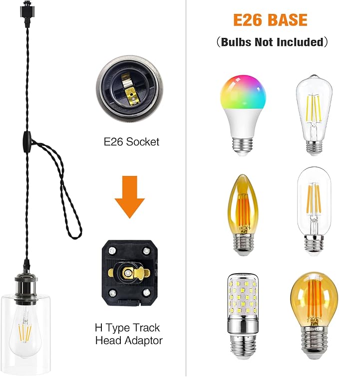 H Type Track Lighting Pendants with Glass, Cord Adjustable H Track Pendant Lights Fixtures with E26 Socket, Retro Vintage Style, Max Length 39.37in, Black 4 Pack (No Bulbs)
