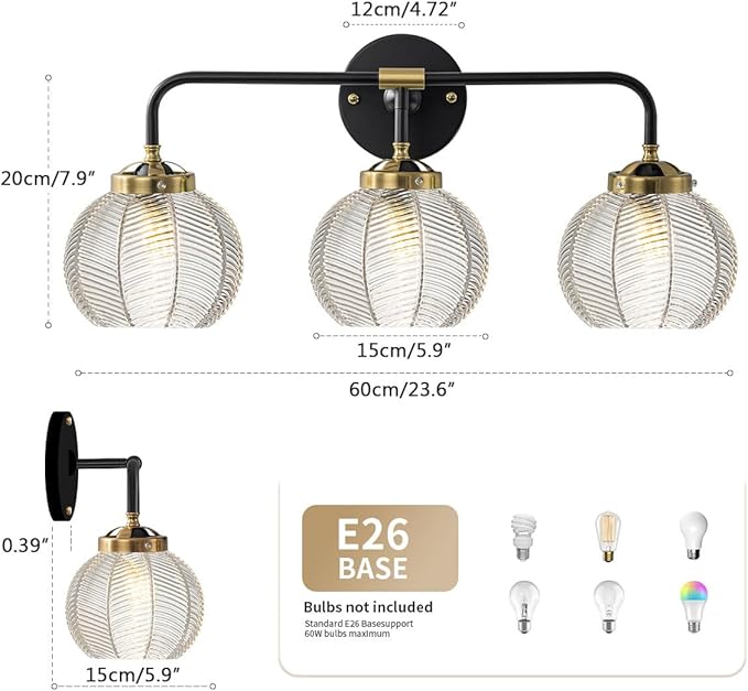 Bathroom Vanity Light Clear Glass Globe Wall Light Fixture Ribbed Glass Shade Mid Century Wall Sconce Lights Fixtures Over Mirror Modern Art Deco Sconces Farmhouse Bathroom Lighting