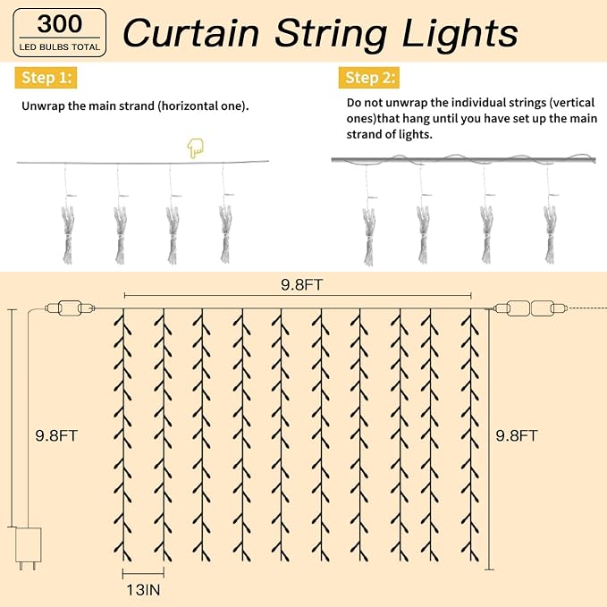 300 LED Warm White Curtain String Lights 9.8x9.8FT, Plug in Fairy Lights with 9 Hooks, Dimmable, Timer & 8 Modes, IP44 Waterproof, Bedroom Wall Wedding Backdrop Christmas Indoor Outdoor Decor