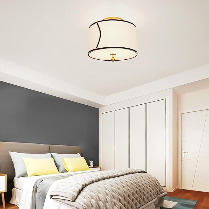 12.6" Drum-Shaped White Fabric Flush Mount Ceiling Light with 3-Light Fixture, Recessed Roll-in Installation, Ideal for Living Room, Bedroom, Bathroom, Farmhouse Foyer